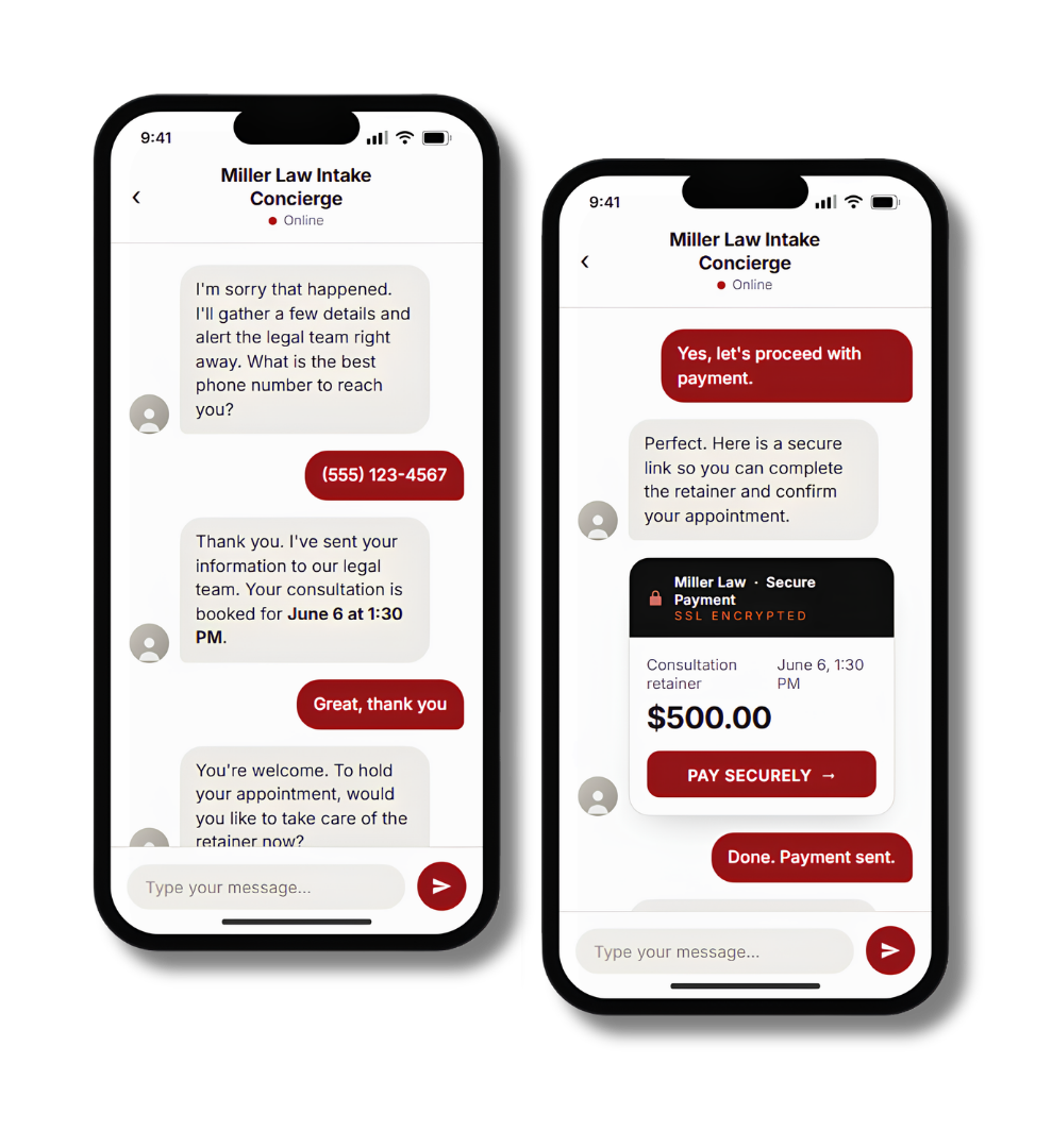AI intake concierge conversation on two phones